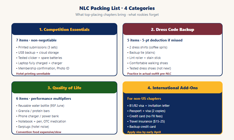 FBLA NLC packing list 4 categories: Competition Essentials, Dress Code Backup, Quality of Life, International Specific