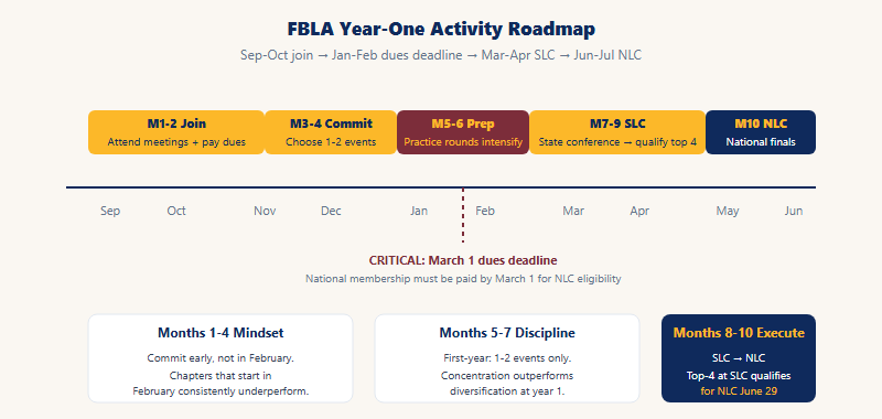 FBLA first-year activity roadmap: months 1-10 from chapter join to NLC competition