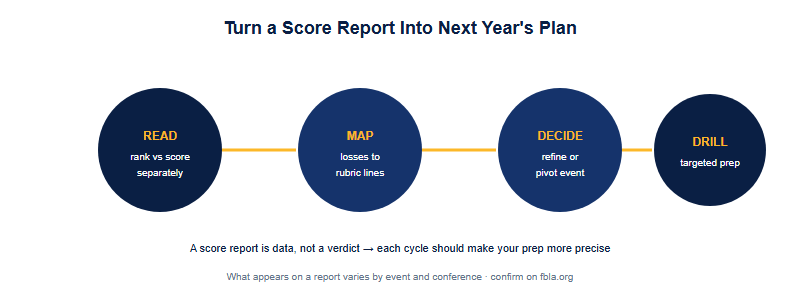 A four-step diagnostic loop for reading an FBLA score report and improving