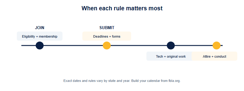 A compliance timeline across the FBLA season showing when each rule matters most: at joining the eligibility rules bite, before conferences the deadlines and forms, during testing the technology and original-work rules, and at the conference the attire and conduct rules.